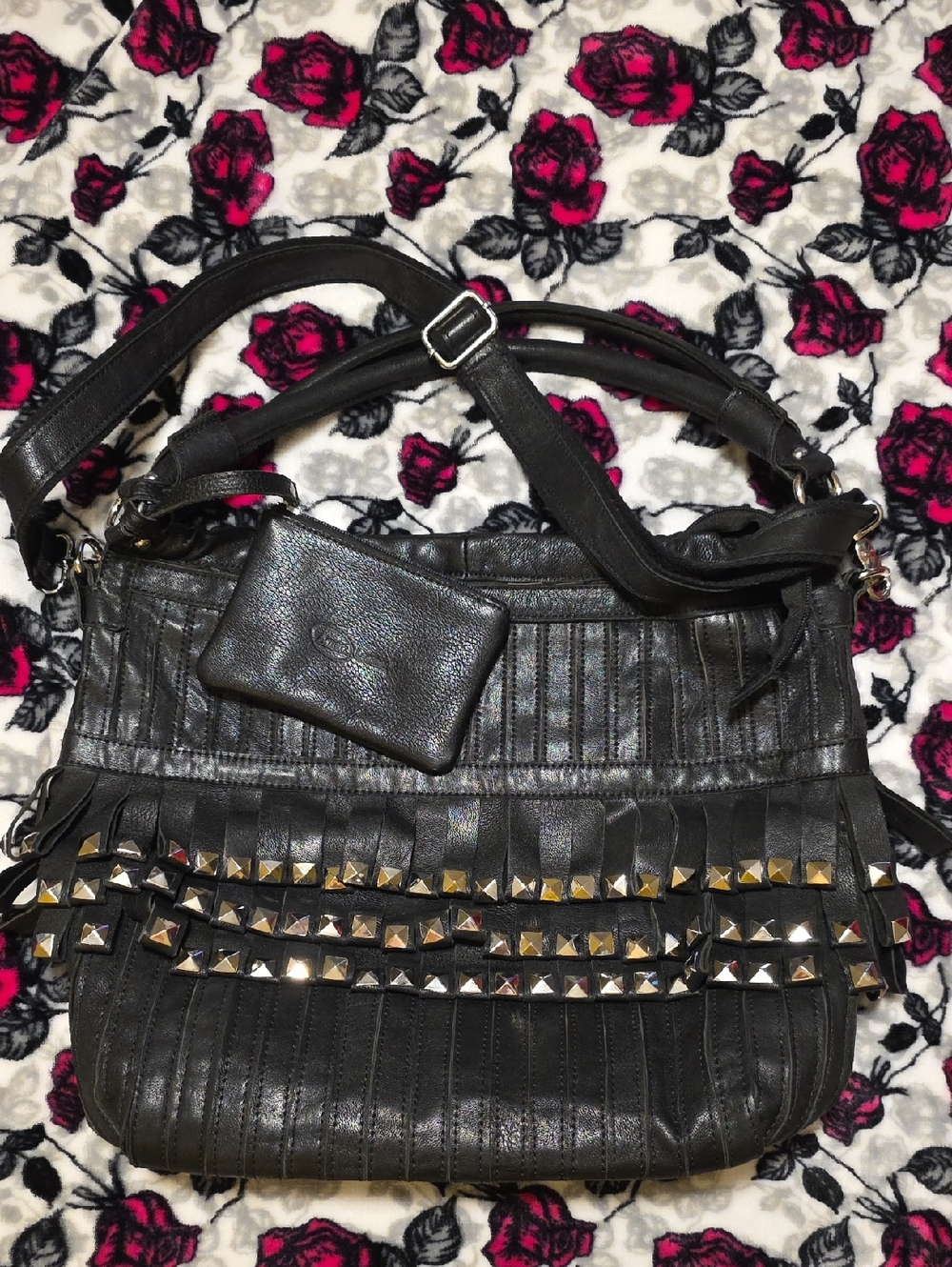Black Leather Studded Fringe Shoulder Bag with Matching Coin Pouch Biker Punk